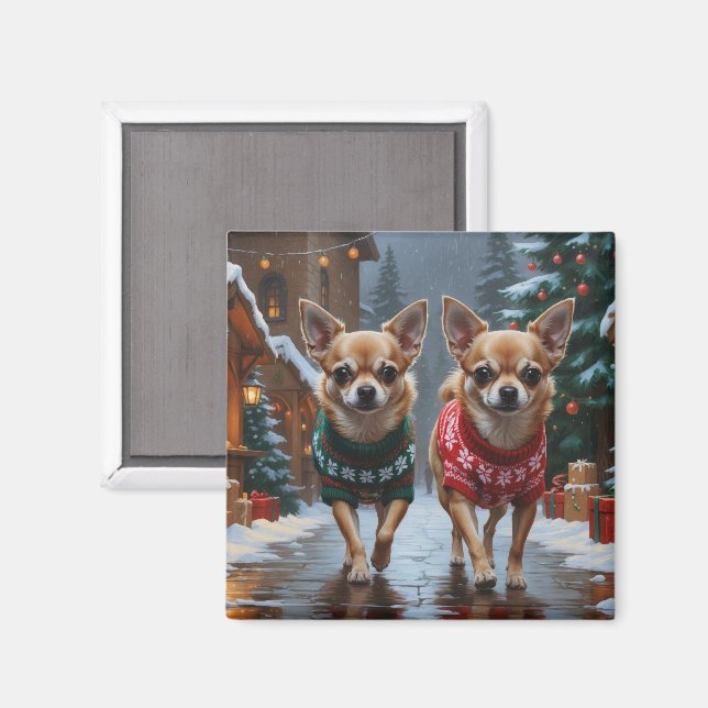 Imã Cães Chihuahua Natal Neve Férias (Front/Back)