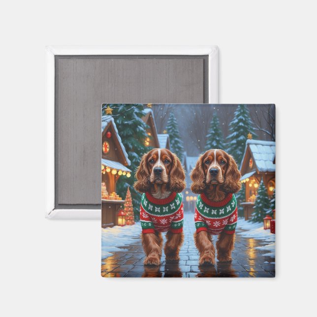 Imã Cães Cocker Spaniel Natal Neve Férias (Front/Back)