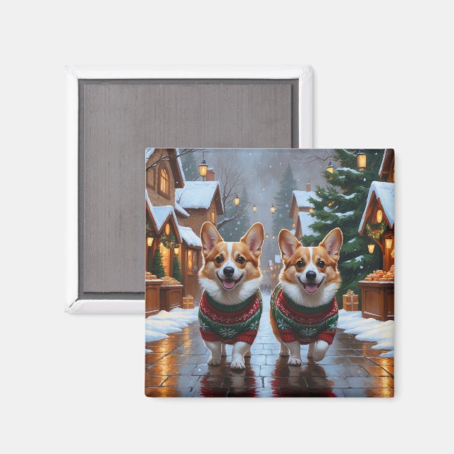Imã Cães Corgi Natal Festa de Natal (Front/Back)