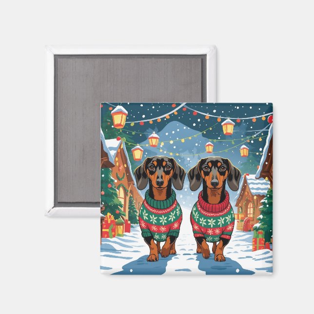 Imã Cães Dachshund Natal Neve Férias (Front/Back)