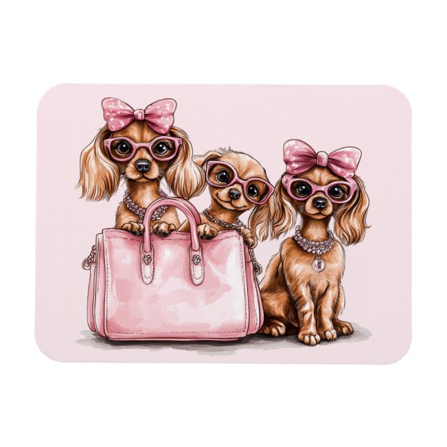 Ímã Cães de Dachshund Fashionáveis, Bolsa Rosa (Horizontal)