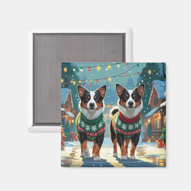 Imã Cães de Gado Australianos Natal Neve Feriado (Front/Back)