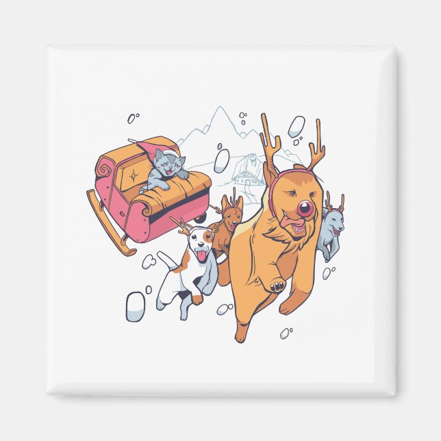 Imã Cães de Natal e Trenó de Gato (Frente)