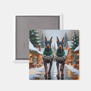 Imã Cães Doberman Natal Neve Feriado