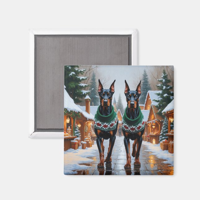 Imã Cães Doberman Natal Neve Feriado (Front/Back)