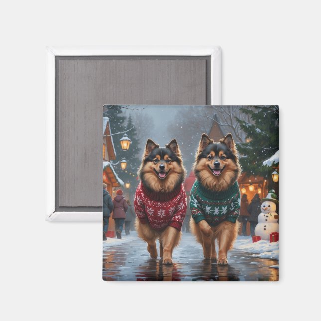 Imã Cães Keeshond Natal Neve Feriado (Front/Back)