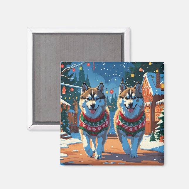 Imã Cães Malamute do Alasca Natal Neve Feriado  (Front/Back)