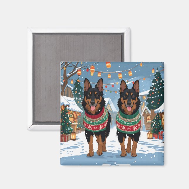Imã Cães Malinois Belgas Natal Neve Férias  (Front/Back)