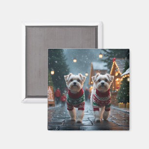 Imã Cães Malteses Natal Neve Férias