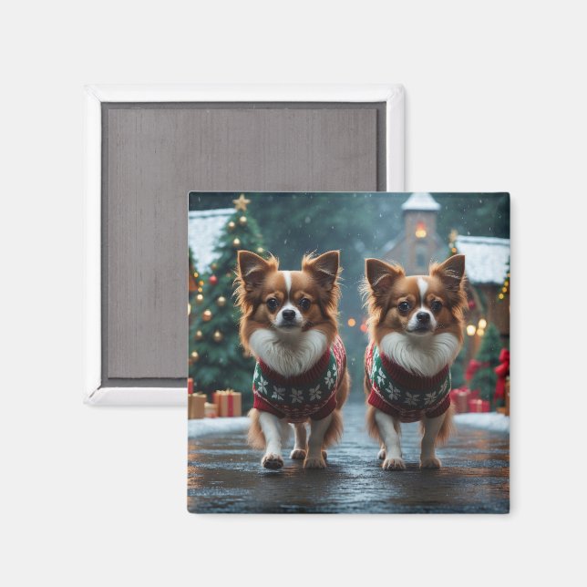 Imã Cães Papillon Natal Neve Férias (Front/Back)