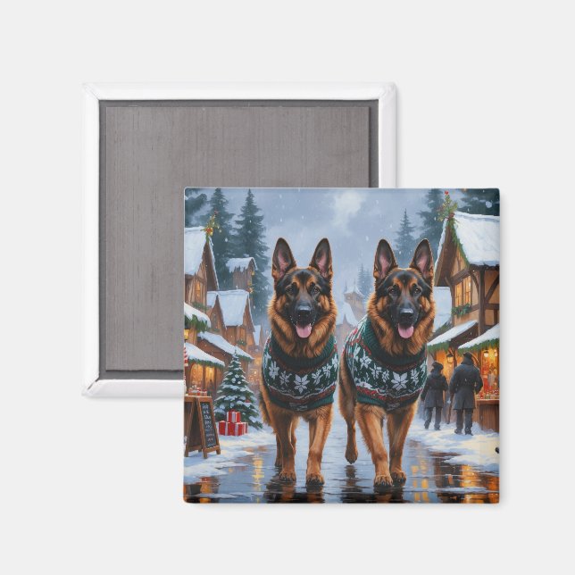 Imã Cães Pastor Alemão Natal Neve Férias (Front/Back)