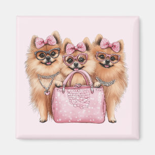 Imã Cães Pomeranianos Fashionáveis, Bolsa Rosa