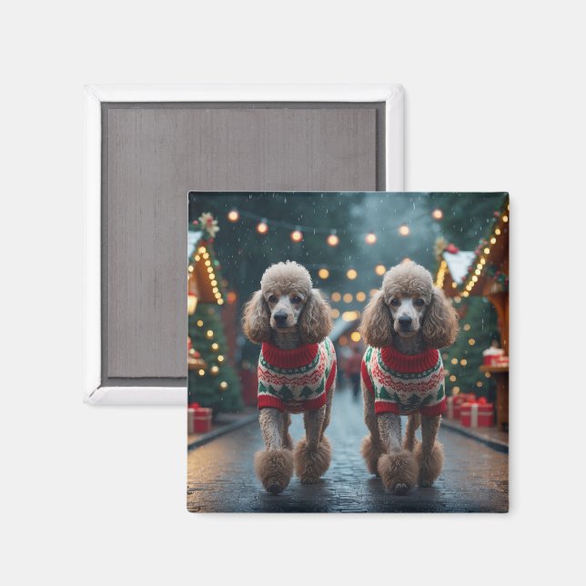 Imã Cães Poodle Natal Neve Festa  (Front/Back)