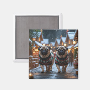 Imã Cães Pug Natal Neve Feriado