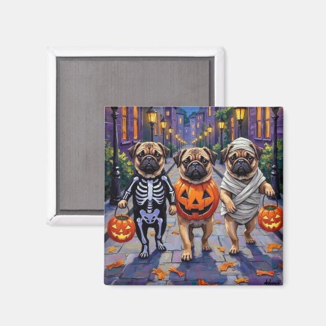 Imã Cães Pug Trick-or-Treating em Fantasias de Hallowe (Front/Back)