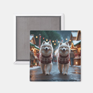 Imã Cães Samoyed Natal Neve Férias