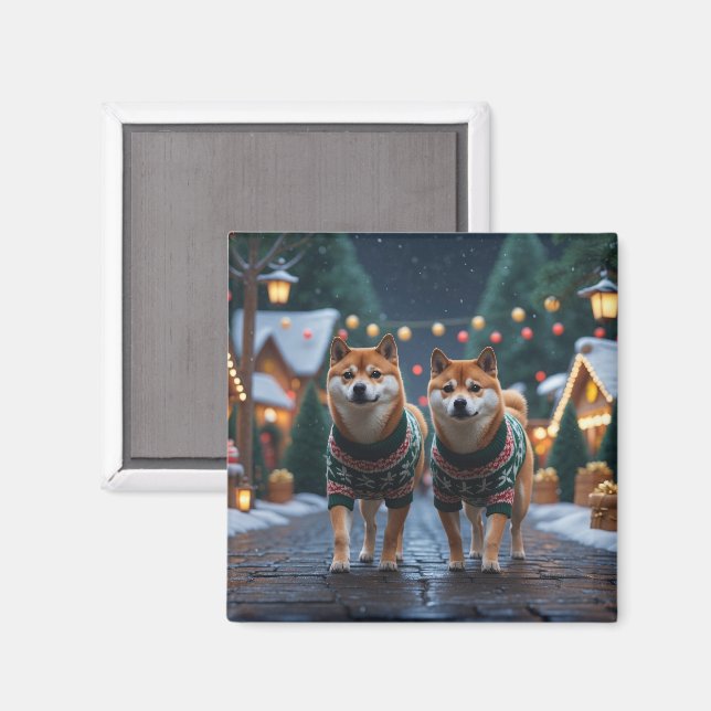 Imã Cães Shiba Inu Natal Neve Feriado (Front/Back)