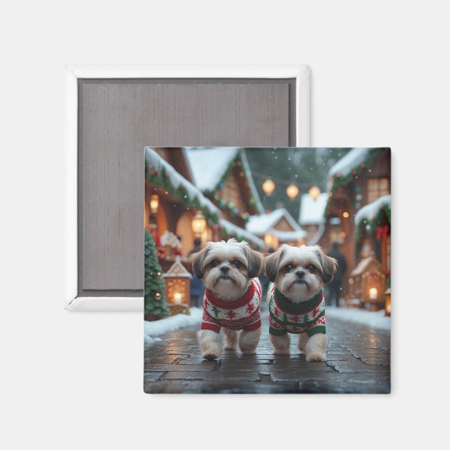 Imã Cães Shih Tzu Natal Neve Feriado (Front/Back)