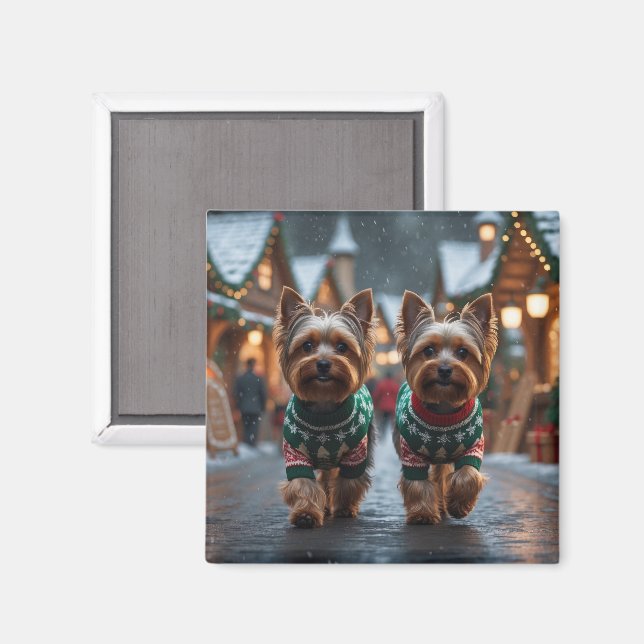 Imã Cães Yorkshire Terrier Natal Neve Férias  (Front/Back)