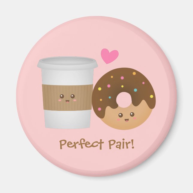 Imã Café fofo e Donut apaixonados, Par Perfeito (Frente)