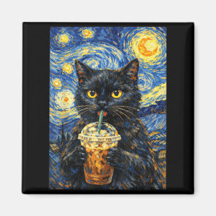 Imã Café Gato Preto Noite Estrelada Estilo Van Gogh En