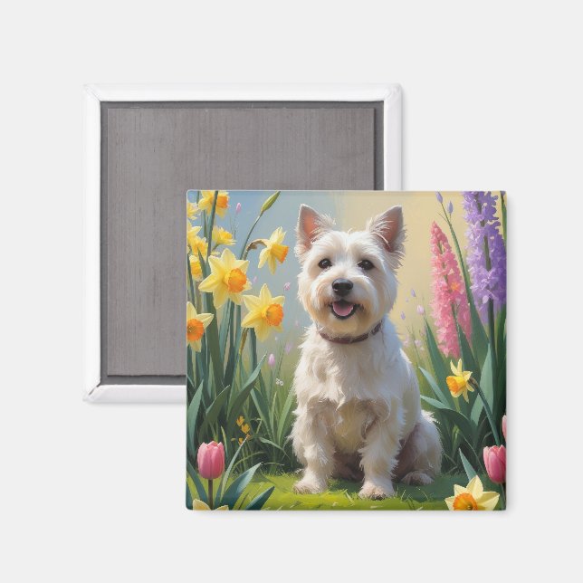 Imã Cairn Terrier Cão Pintura de Flores de Primavera (Front/Back)