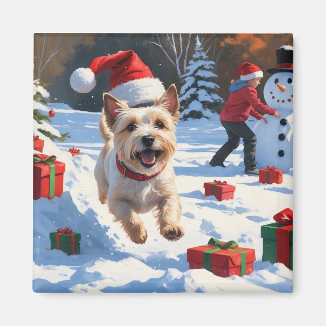 Imã Cairn Terrier Correndo na Neve com Chapéu de Natal (Frente)