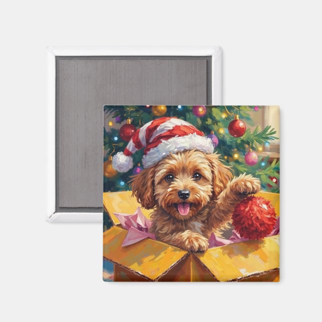 Imã Caixa Surpresa de Natal com Cachorro Cockapoo (Front/Back)