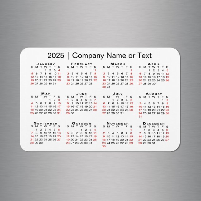Ímã Calendário 2025 com Texto Personalizado Branco Pre (2025 Calendar with Custom Text Black Red White Magnet in situ)