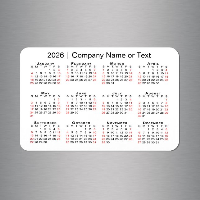Ímã Calendário 2026 com Texto Personalizado Branco Pre (2026 Calendar with Custom Text Black Red White Magnet in situ)