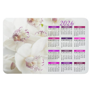Ímã Calendário 2026 de Orquídeas Brancas e Roxas Elega