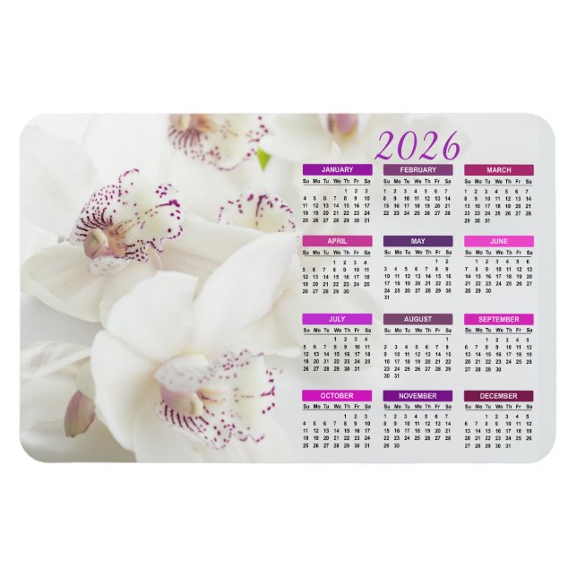 Ímã Calendário 2026 de Orquídeas Brancas e Roxas Elega (Horizontal)
