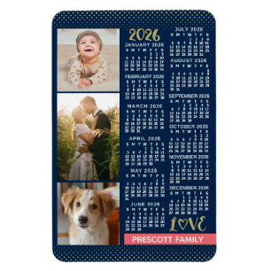 Ímã Calendário 2026 Família Foto Colagem Navy Coral Do
