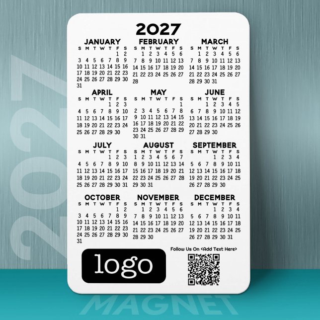 Ímã Calendário 2027 com Logotipo Empresarial e Código  (2027 Calendar on a Magnet)