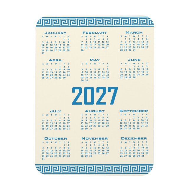 Ímã Calendário 2027, Fretwork Grego, Azul em Cosmic La (Vertical)