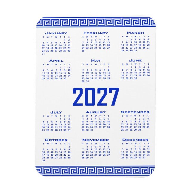 Ímã Calendário 2027, Fretwork Grego, Azul Grego sobre  (Vertical)