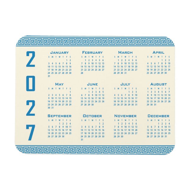 Ímã Calendário 2027, Fretwork Grego, Azul no Cosmic La (Horizontal)