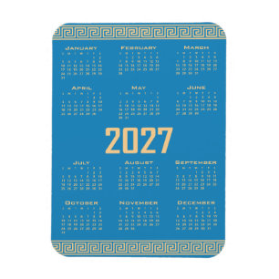 Ímã Calendário 2027, Fretwork Grego, Bege sobre Azul C