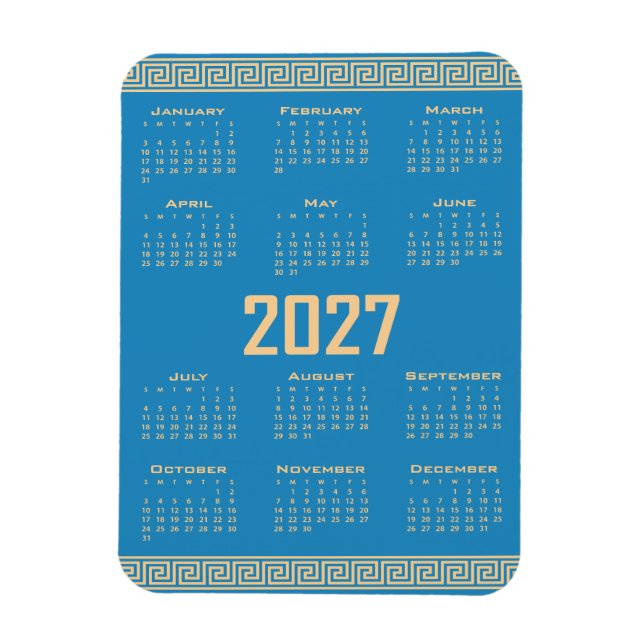 Ímã Calendário 2027, Fretwork Grego, Bege sobre Azul C (Vertical)