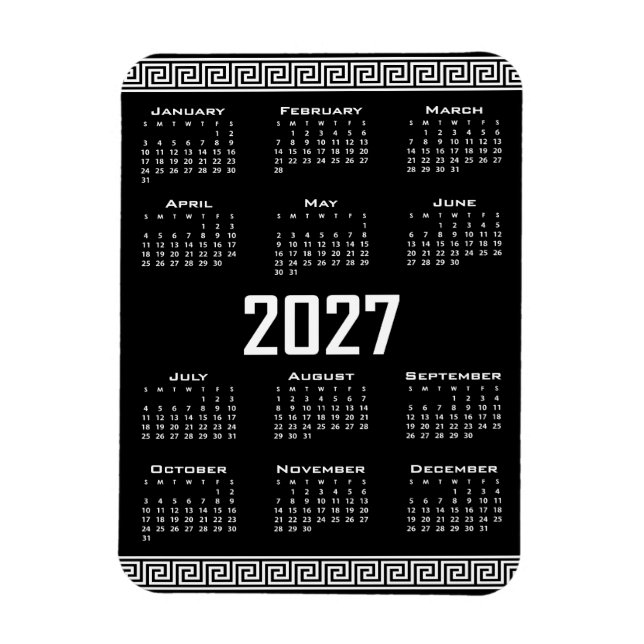 Ímã Calendário 2027, Fretwork Grego, Branco no Preto (Vertical)