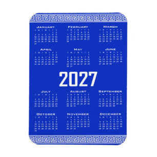 Ímã Calendário 2027, Fretwork Grego, Branco sobre Azul