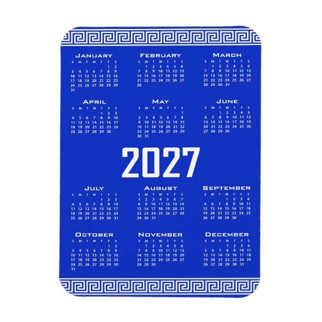 Ímã Calendário 2027, Fretwork Grego, Branco sobre Azul (Vertical)