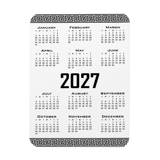 Ímã Calendário 2027, Fretwork Grego, Preto no Branco (Vertical)