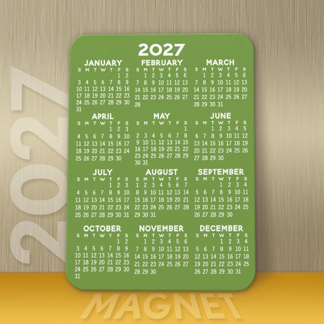 Ímã Calendário 2027 - Moderno Verde Branco Mínimo Bási (Modern 2027 Calendar Magnet)