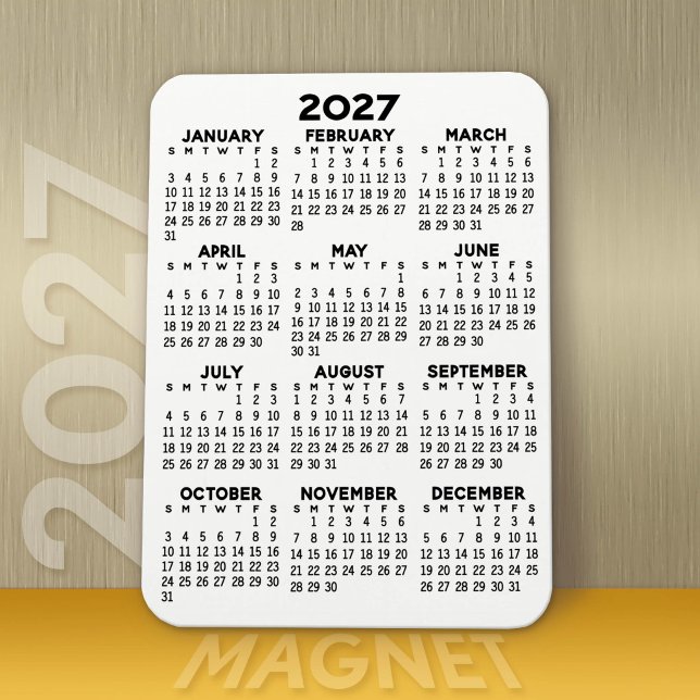 Ímã Calendário 2027 - Preto e Branco Mínimo Básico (Modern 2027 Calendar Magnet)