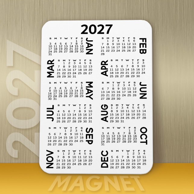 Ímã Calendário 2027 - Preto e Branco Mínimo Básico (Modern 2027 Calendar Magnet)