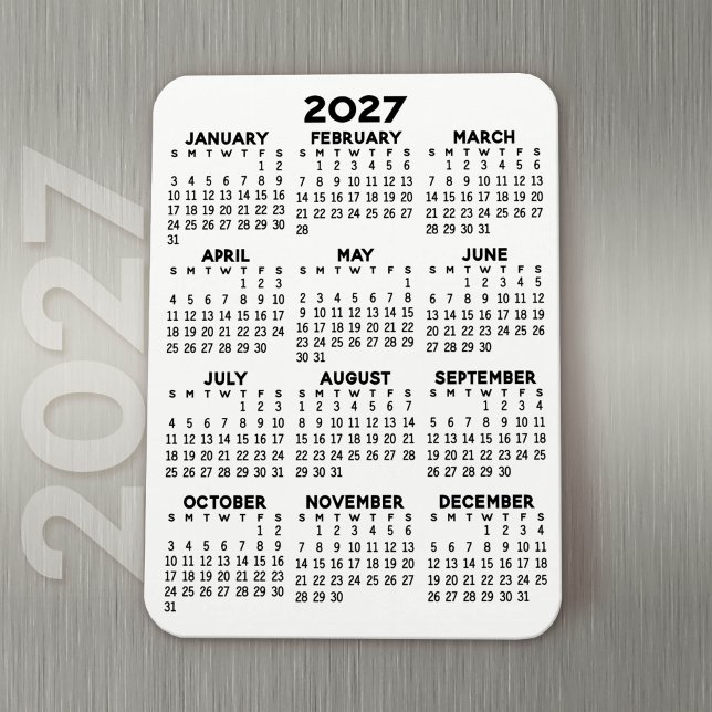 Ímã Calendário 2027 - Preto e Branco Mínimo Básico (Modern Simple 2027 Calendar Magnet)