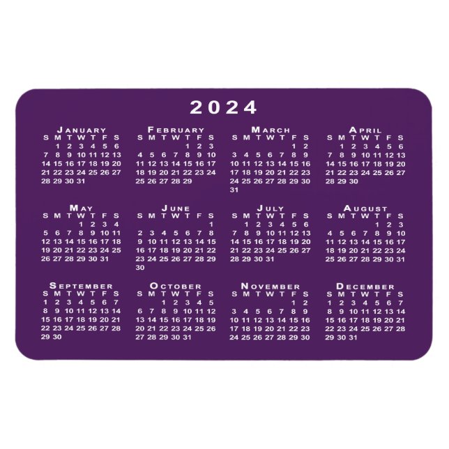 Ímã Calendário branco 2024 no Modelo de fundo roxo (Horizontal)