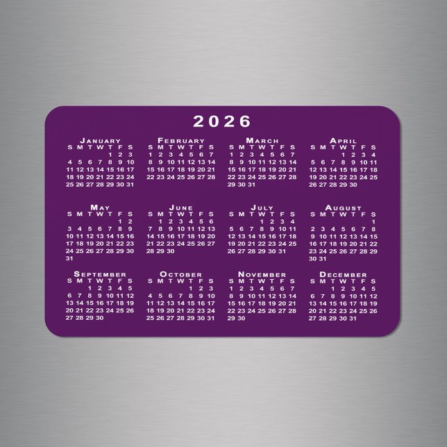 Ímã Calendário branco 2026 no Modelo de fundo roxo (White 2026 Calendar on Purple Background Template Magnet in situ)