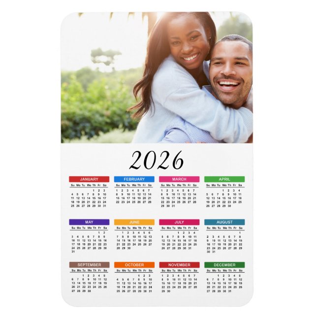 Ímã Calendário Colorido 2026 com a Sua Foto (Vertical)